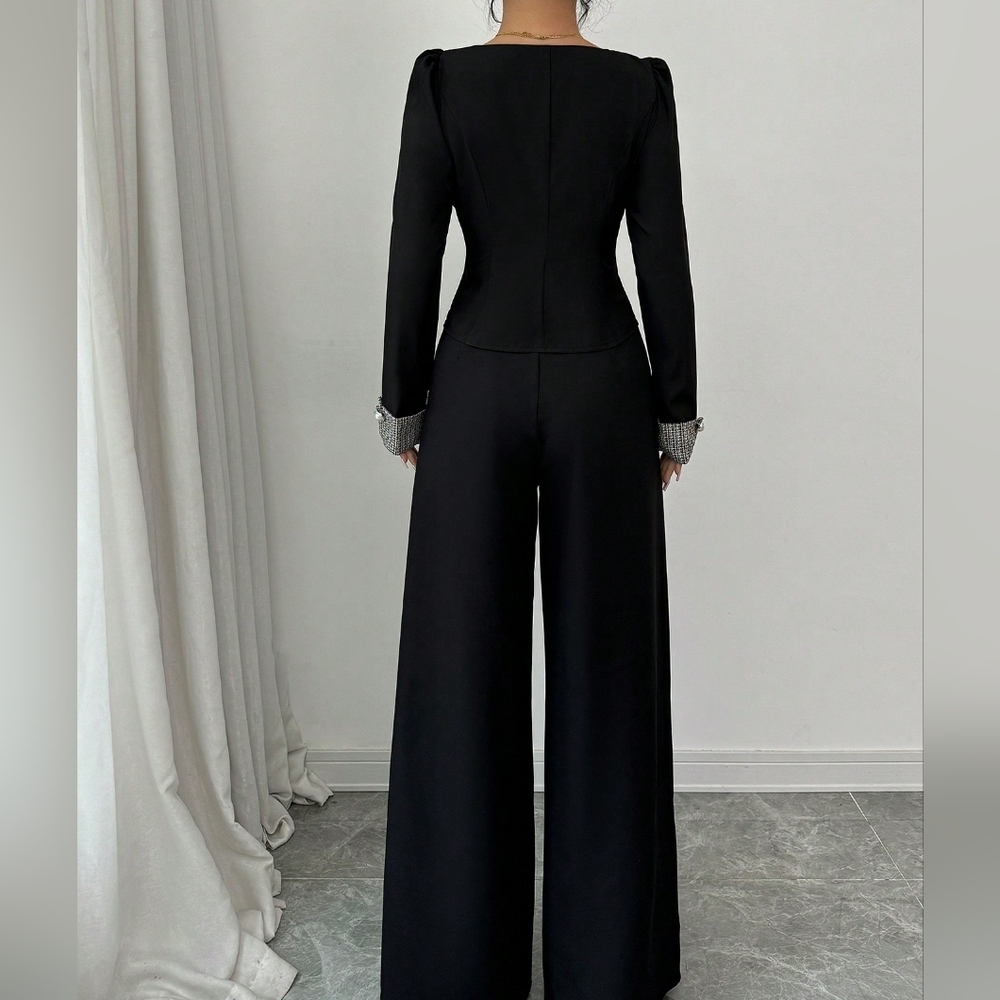 2pcs Women Elegant Color Block Cardigan & Wide Leg Pants Suit, Autumn - Picture 5 of 7